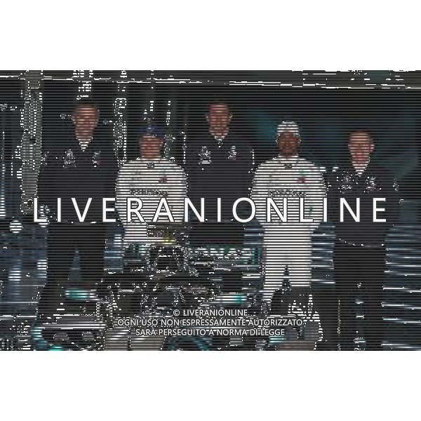 The Mercedes AMG F1 W09 with (L to R): James Allison (GBR) Mercedes AMG F1 Technical Director; Valtteri Bottas (FIN) Mercedes AMG F1; Toto Wolff (GER) Mercedes AMG F1 Shareholder and Executive Director; Lewis Hamilton (GBR) Mercedes AMG F1; and Andy Cowell (GBR) Mercedes-Benz High Performance Powertrains Managing Director. 22.02.2018. Mercedes AMG F1 W09 Launch, Silverstone, England. / AGENZIA ALDO LIVERANI SAS - ITALY ONLY EDITORIAL USE ONLY