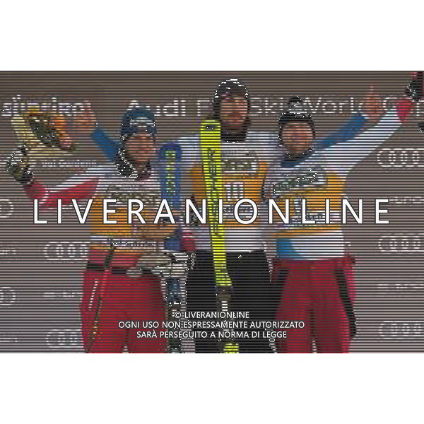 TommasiniR/LMedia - 2021 FIS Ski World Cup - Men&#39;s Downhill - alpine ski race 18 December 2021 - Saslong, Val Gardena, Italy Photo showing: The podium of Saslong downhill in Val Gardena - Bryce Bennet (USA) (First) - Otmar Striedinger (AUT) (Second) - Niels Hintermann (SUI) (Third) @TommasiniR/LMedia/AGENZIA ALDO LIVERANI SAS