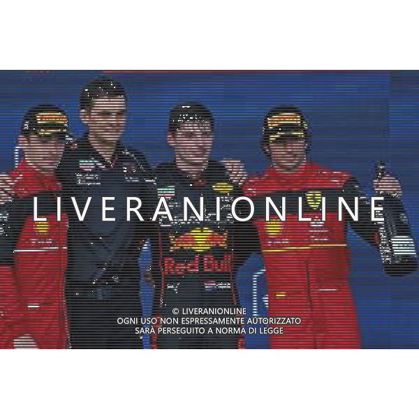 The podium (L to R): Charles Leclerc (MON) Ferrari, second; Max Verstappen (NLD) Red Bull Racing, race winner; Carlos Sainz Jr (ESP) Ferrari, third. 08.05.2022. Formula 1 World Championship, Rd 5, Miami Grand Prix, Miami, Florida, USA, Race Day. - www.xpbimages.com, EMail: requests@xpbimages.com © Copyright: Bearne / XPB Images/AGENZIA ALDO LIVERANI SAS - ITALY ONLY EDITORIAL USE ONLY
